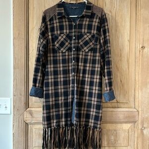 Miss Me Fringe, Flannel Dress with Denim Trim